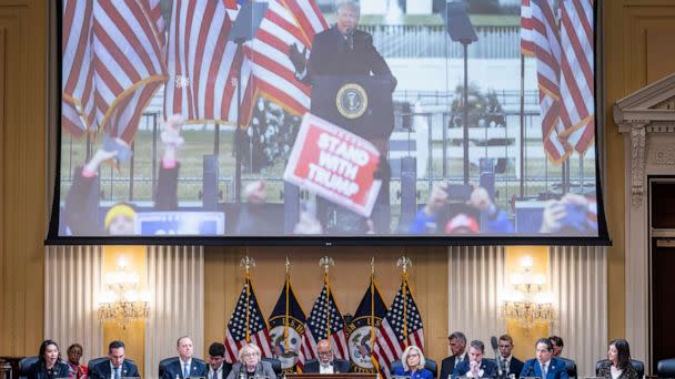 PHOTO: An image of former President Donald Trump is displayed as members of the House Select Committee to Investigate the January 6 Attack on the U.S. Capitol hold its last public hearing on Capitol Hill, Dec. 19, 2022 in Washington, DC. (Jim Lo Scalzo/Getty Images)