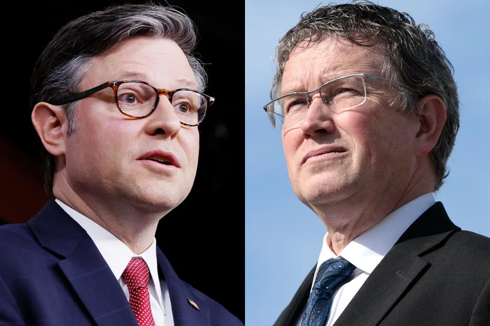 Side by side of Mike Johnson and Thomas Massie (Getty Images)