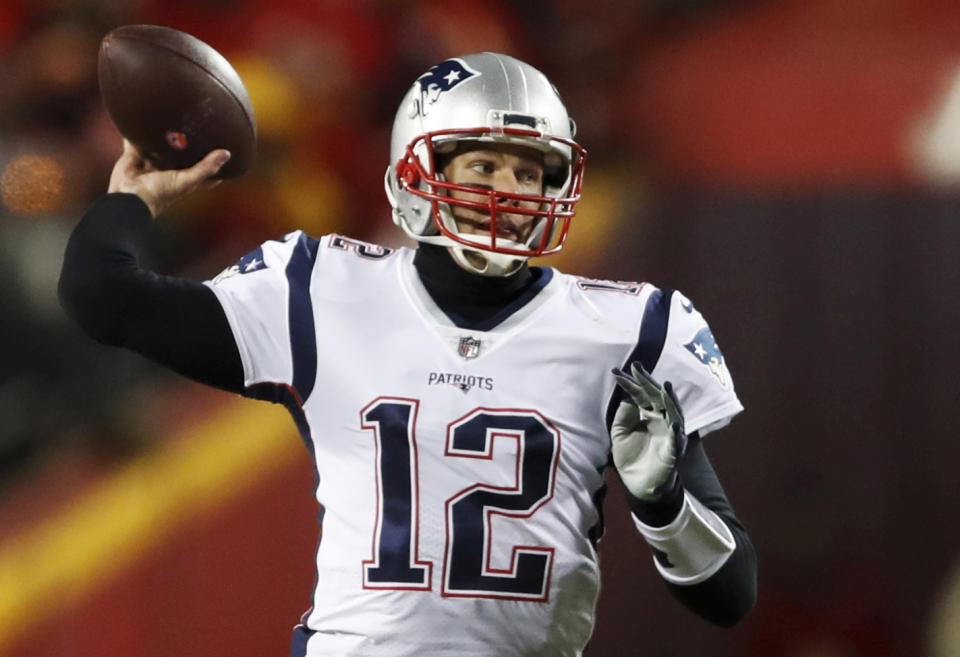 New England Patriots quarterback Tom Brady (12) throws a pass during the first half of the AFC Championship NFL football game against the Kansas City Chiefs, Sunday, Jan. 20, 2019, in Kansas City, Mo. (AP Photo/Jeff Roberson)