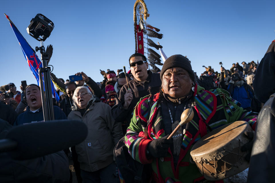 Dakota Access Pipeline protesters participate in a victory march to the Oceti Sakowin campground.