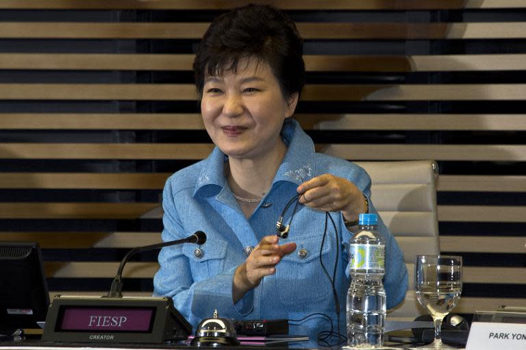 South Korean President Park Geun-hye at the Brazil-South Korea business meeting at the headquarters of the FIESP in Sao Paulo, Brazil on April 24, 2015