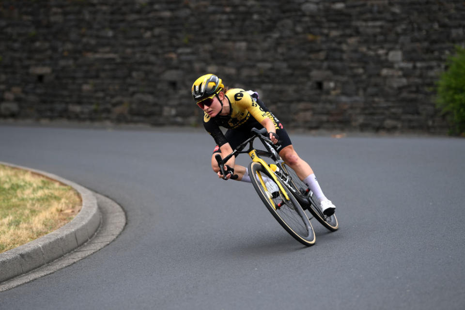 CLERMONTFERRAND FRANCE  JULY 24 Eva Van Agt of The Netherlands and Team JumboVisma competes in the breakaway prior to the 2nd Tour de France Femmes 2023 Stage 2 a 1517km stage from ClermontFerrand to Mauriac  UCIWWT  on July 24 2023 in ClermontFerrand France Photo by Alex BroadwayGetty Images