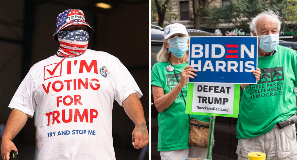 A Trump supporter pictured (left) with an elderly couple voting for Joe Biden pictured (right).