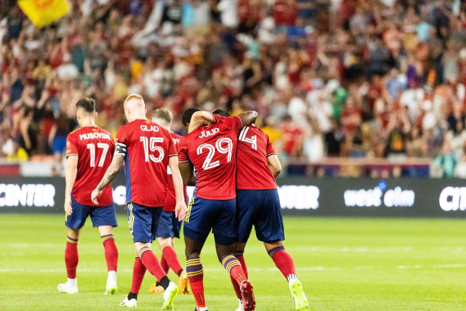 Anderson Julio and his teammates celebrate after Julio’s goal for Real Salt Lake in the match against Orlando City at the America First Field in Sandy on Saturday, July 8, 2023. Julio’s goal was the fourth and final goal for RSL, bringing them to win the match 4-0. | Megan Nielsen, Deseret News