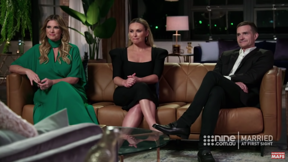 Married At First Sight experts John Aiken, Mel Schilling and Alessandra Rampolla on the sofa during a commitment ceremony