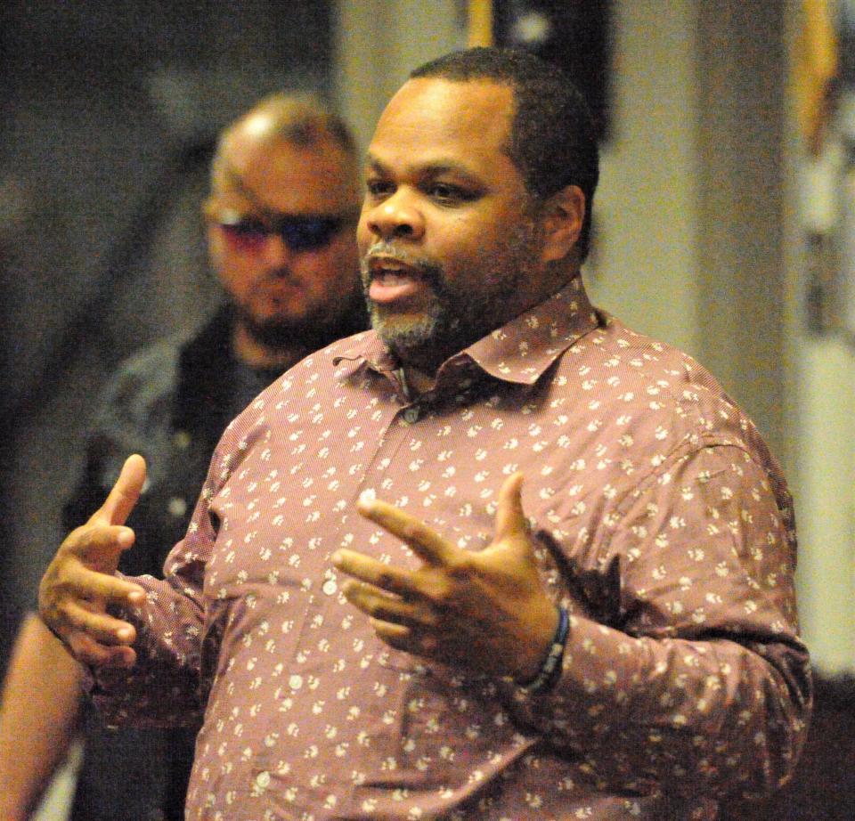 Troy Jackson of the Texas GOP speaks to the crowd during a Wichita Falls meeting Thursday, June 24, 2021, at which Oath Keepers founder Stewart Rhodes spoke.