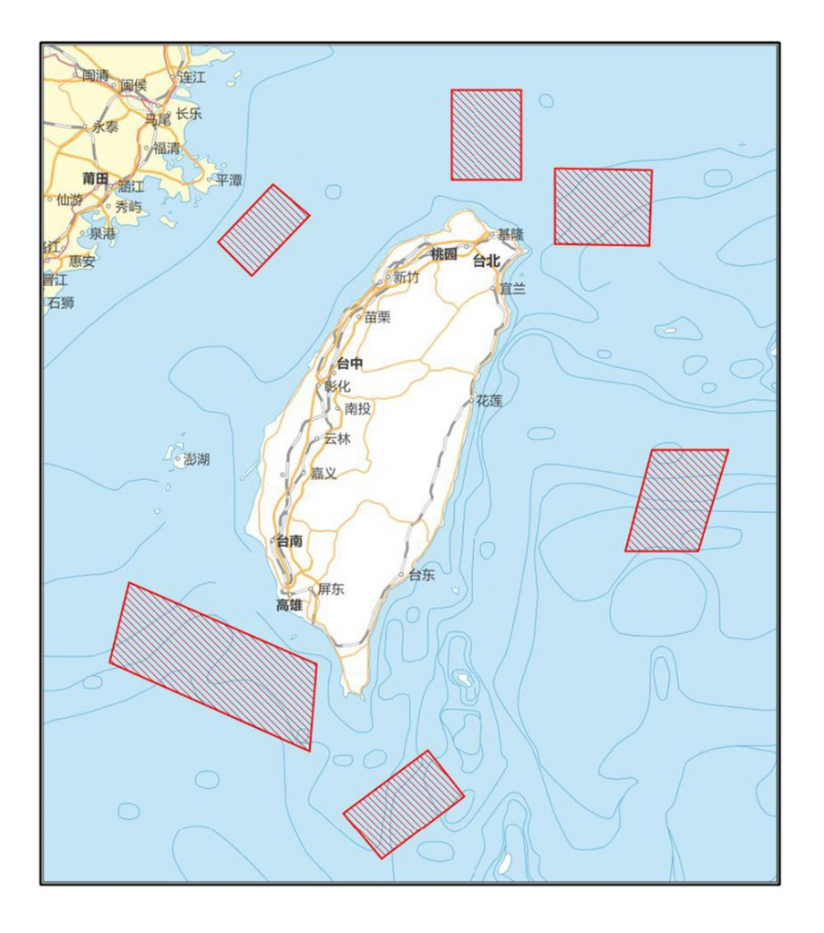 解放軍軍事演訓區域，緊貼台灣周邊海域。（圖／翻攝自環球網）