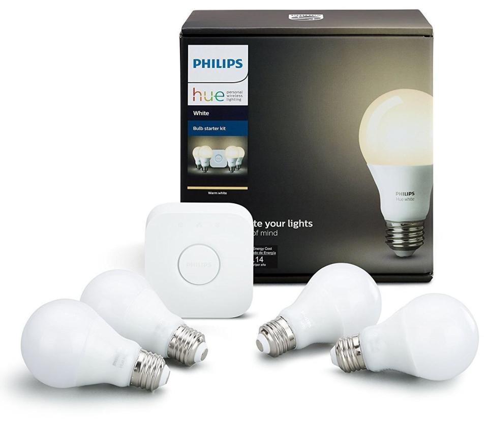 Philips Hue white smart bulb starter kit, <a href="https://www.amazon.com/Philips-Starter-Compatible-HomeKit-Assistant/dp/B07354SP1C/ref=sr_1_5?s=hi&amp;ie=UTF8&amp;qid=1512063261&amp;sr=1-5&amp;keywords=philips+hue+white+starter+kit" target="_blank">$93 at Amazon</a> (Photo: Amazon)