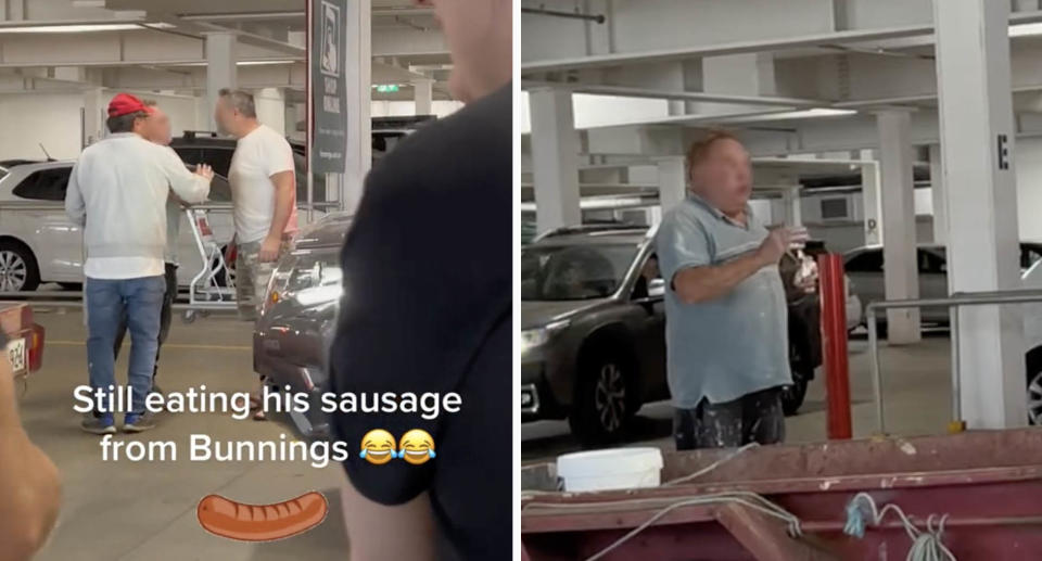 Dramatic vision captured the moment a fight broke out in front of a Bunnings sausage sizzle in Windsor Gardens, South Australia. Source: TikTok