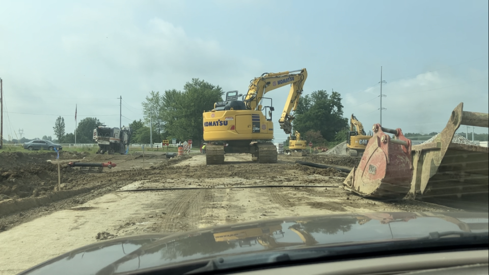 Clover Valley Road, blocked by construction equipment on Tuesday.