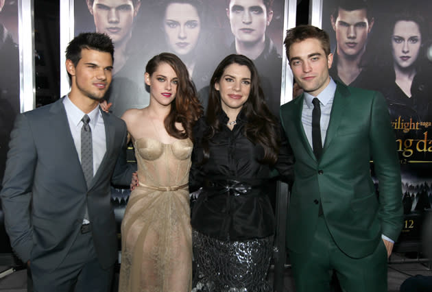 Twilight LA premiere: The core cast members, Kristen Stewart, Robert Pattinson and Taylor Lautner pose for photos with the Twilight author, Stephenie Meyer. Copyright [PA]