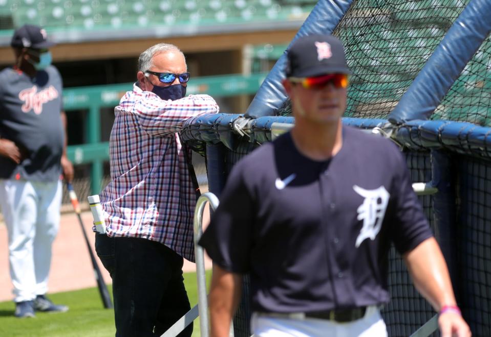 Detroit Tigers general manager Al Avila watches his 2020 No. 1 draft pick, Spencer Torkelson, who took batting practice Saturday, July 4, at Comerica Park.