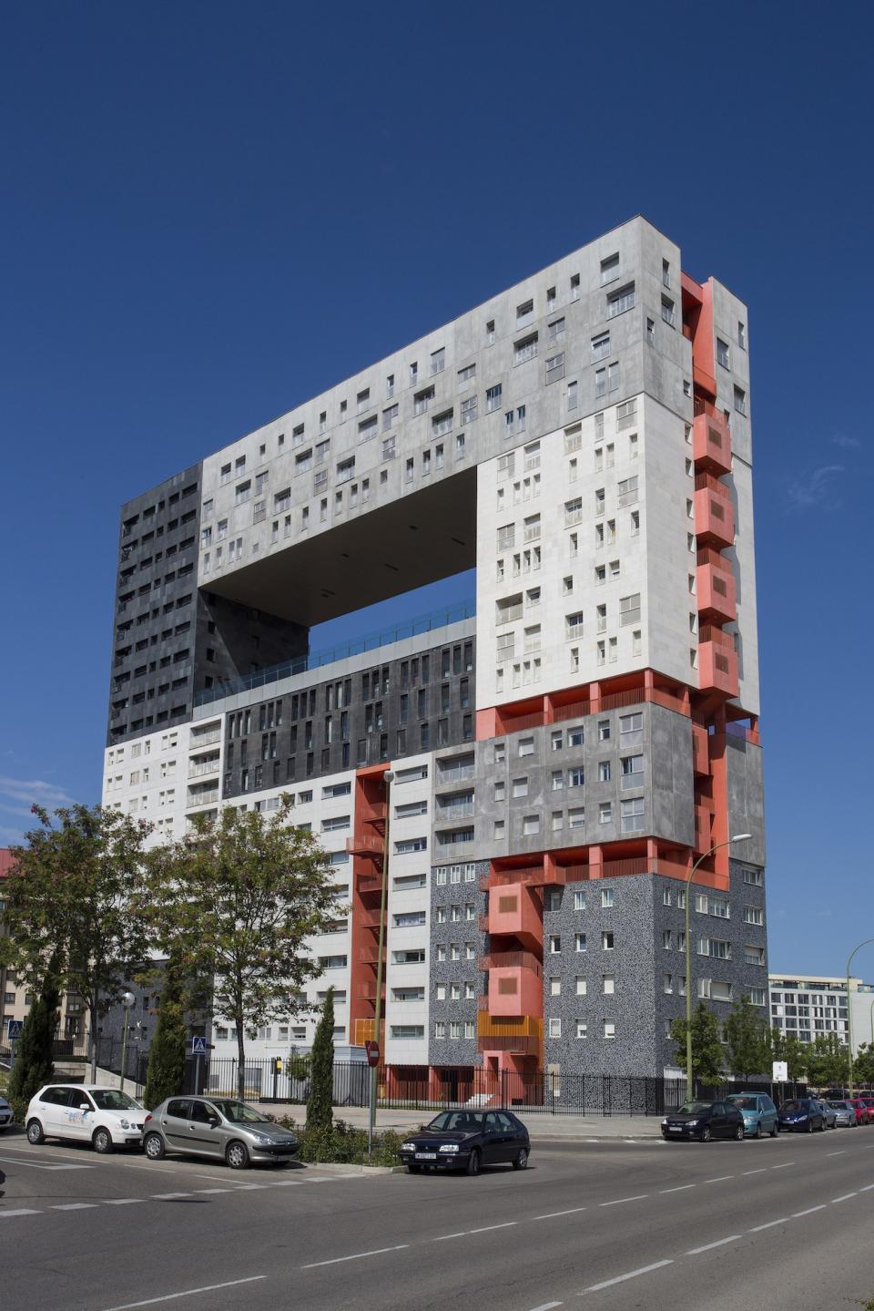 Designed by the Dutch-based firm MVRDV, the Mirador Building in Madrid is a collection of different neighborhoods stacked vertically around a public sky-plaza. The structure was completed in 2005, after four years of construction.