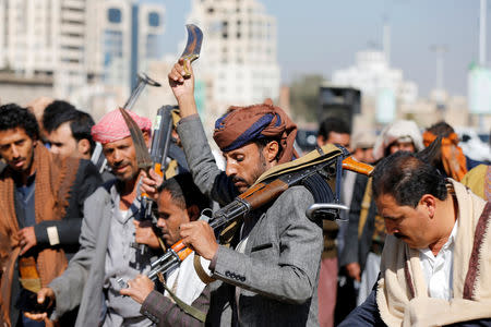 Houthi followers perform the Barca dance at a gathering showing support for their movement in Sanaa, Yemen December 19, 2018. REUTERS/Khaled Abdullah