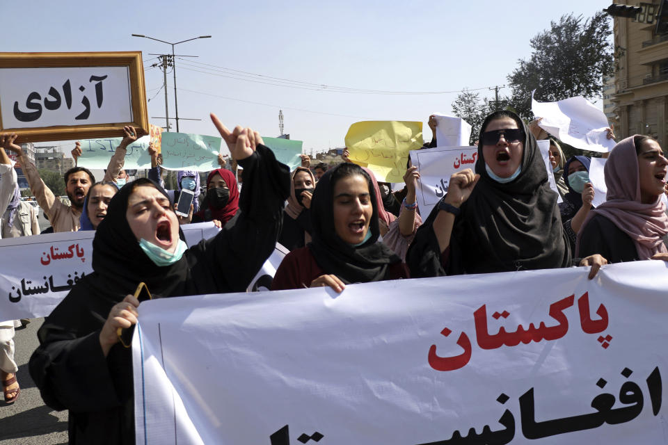 Afghans shout slogans during an anti-Pakistan demonstration, near the Pakistan embassy in Kabul, Afghanistan, Tuesday, Sept. 7, 2021. (AP Photo/Wali Sabawoon)
