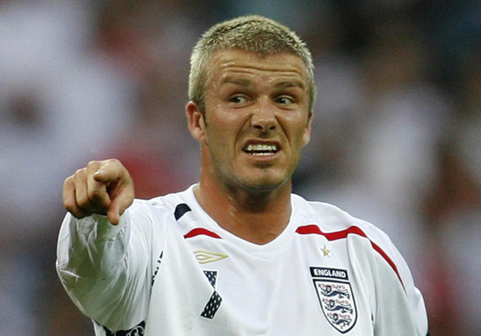 England's David Beckham gestures during their friendly international soccer match against Brazil at Wembley Stadium, in London June 1, 2007.     REUTERS/Eddie Keogh    (BRITAIN)