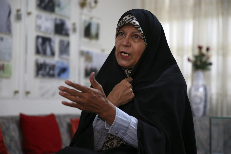 In this Thursday, Sept. 6, 2018 photo, Faezeh Hashemi, the activist daughter of Iran's late President Akbar Hashemi Rafsanjani, speaks in an interview with The Associated Press, in Tehran, Iran. Ahead of the 40th anniversary of Iran’s Islamic Revolution, the country’s government is allowing more criticism to bubble up to the surface.“People have reached a point that they have nothing to lose,” said Hashemi, who herself has served prison time over her comments and activism. (AP Photo/Vahid Salemi)