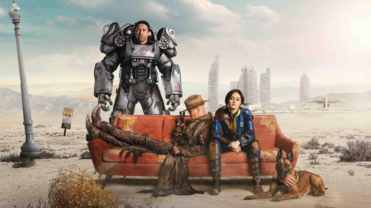  A promotional poster for Amazon's Fallout season 1, the prequel to Fallout season 2, which shows Maximus, The Ghoul, Lucy, and Dogmeat. 