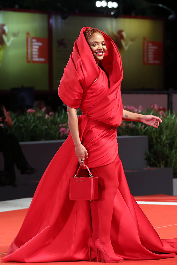 Tessa Thompson at the Venice International Film Festival on Sept. 1, 2022, wearing a Brandon Blackwood dress. - Credit: Getty Images