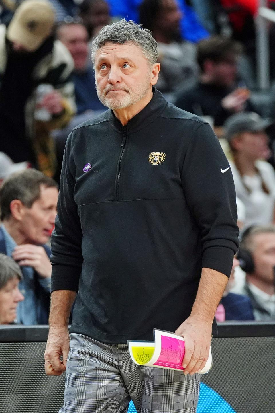 Mar 23, 2024; Pittsburgh, PA, USA; Oakland Golden Grizzlies head coach Greg Kampe looks on during the first half of the game against the North Carolina State Wolfpack in the second round of the 2024 NCAA Tournament at PPG Paints Arena. Mandatory Credit: Gregory Fisher-USA TODAY Sports