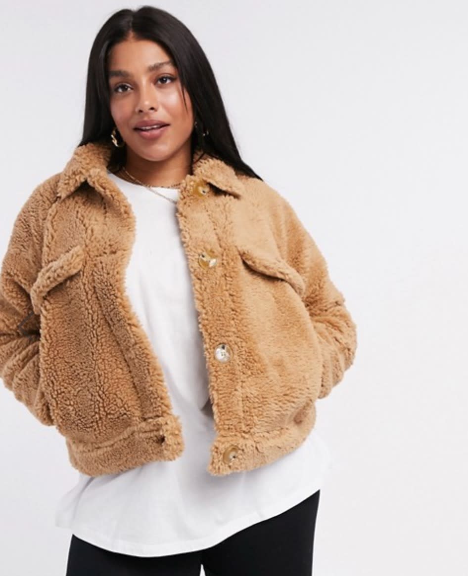 Missguided Plus cropped sherpa jacket in tan (photo via ASOS)