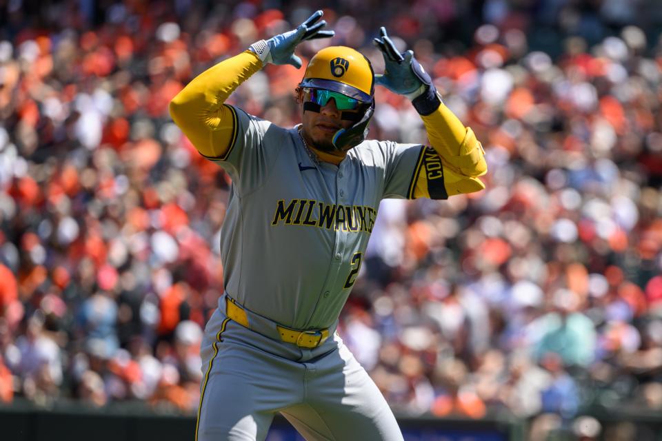 Apr 14, 2024; Baltimore, Maryland, USA; Milwaukee Brewers catcher William Contreras (24) celebrates after a home run during the first inning against the Baltimore Orioles at Oriole Park at Camden Yards. Mandatory Credit: Reggie Hildred-USA TODAY Sports
