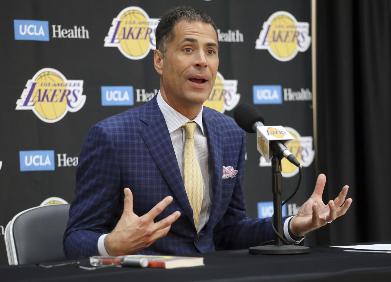 Lakers general manager Rob Pelinka talks about the acquisition of LeBron James and other free agents at a news conference at the team’s headquarters in El Segundo, Calif., on Wednesday. (AP)