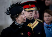 <p>Britain’s Princess Anne, left, attends an Armistice Day ceremony under the Menin Gate in Ypres, Belgium on Saturday, Nov. 11, 2017. The Menin Gate Memorial bears the names of more than 54,000 British and Commonwealth soldiers who were killed in the Ypres Salient of World War I and whose graves are not known. (Photo: Virginia Mayo/AP) </p>