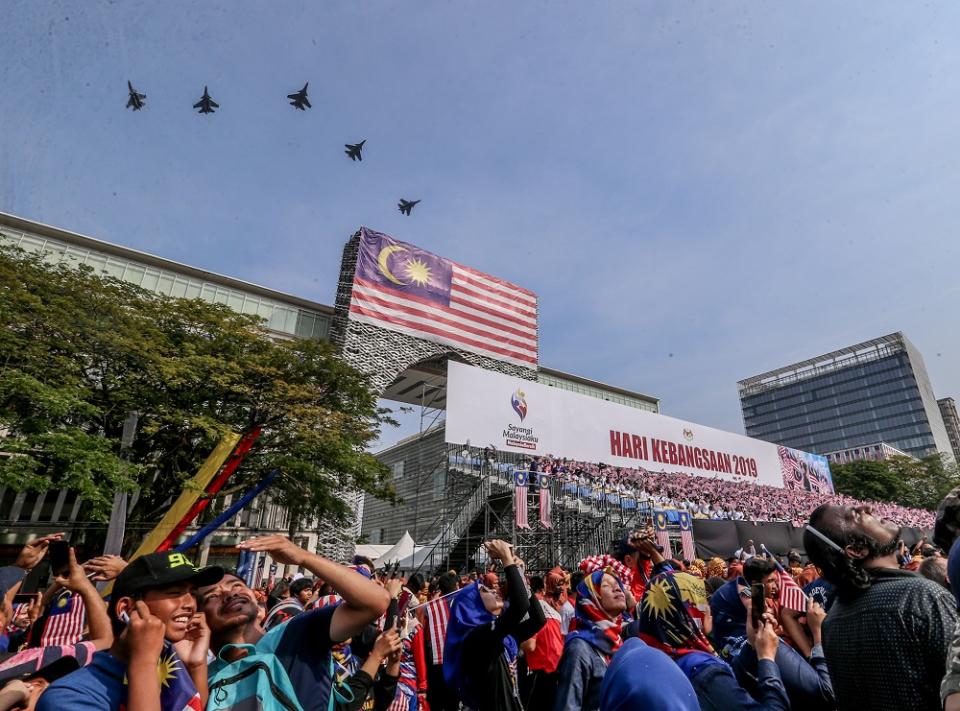 Malaysian Royal Air Force fighter jets fly above the crowd during the National Day Parade held at Dataran Putrajaya 31 August 2019. — Picture by Firdaus Latif