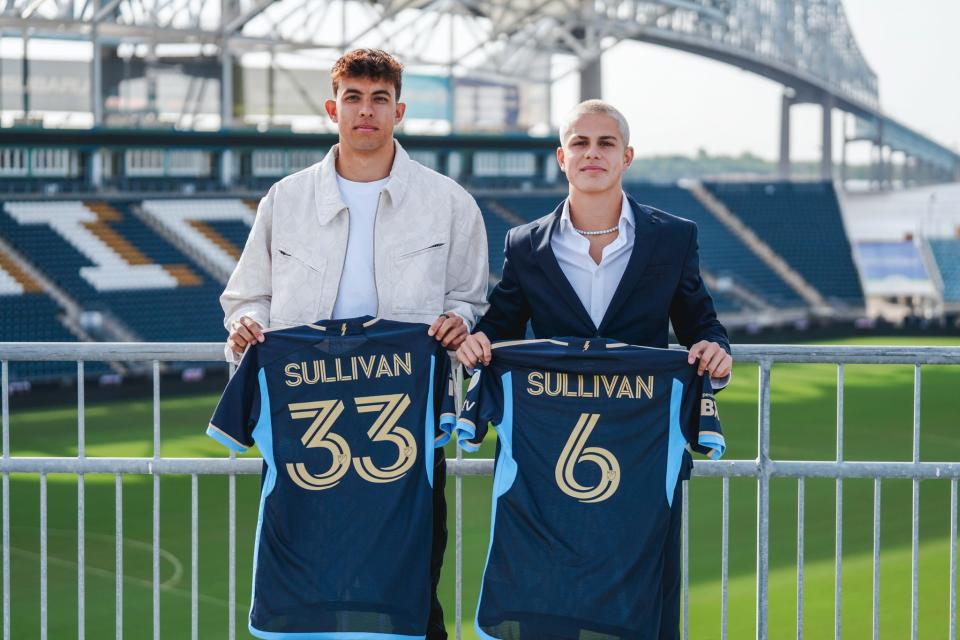 Cavan Sullivan, right, a 14-year-old American soccer phenom, signed a four-year contract with the Philadelphia Union in Major League Soccer on Thursday, May 9, 2024. He poses for a photo with his brother Quinn, 20 years old, also on the Union team.