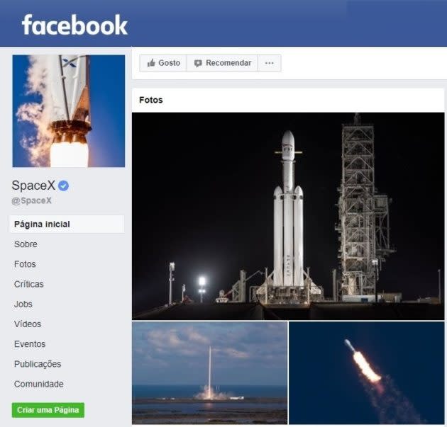 This is an archived Portuguese-language version of SpaceX’s Facebook page, which has been deleted. (SpaceX / Facebook via Archive.org)