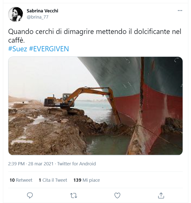 <p>C’è chi ha pensato che a disincagliare la nave sia stato Matteo Salvini e chi giura di aver visto il cargo muoversi dopo gli acuti di Al Bano. Qualche utente ritiene che a riportare la pace nel Canale di Suez sia stato in realtà Godzilla, e tutti concordano che a sorvegliare le operazioni dei rimorchiatori siano stati gli anziani, immancabili osservatori dei cantieri...</p> 