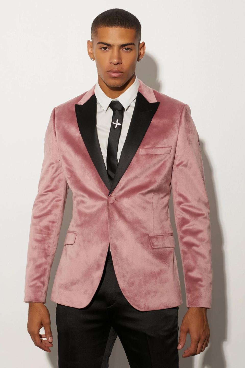 3) Skinny Velour Satin Lapel Blazer