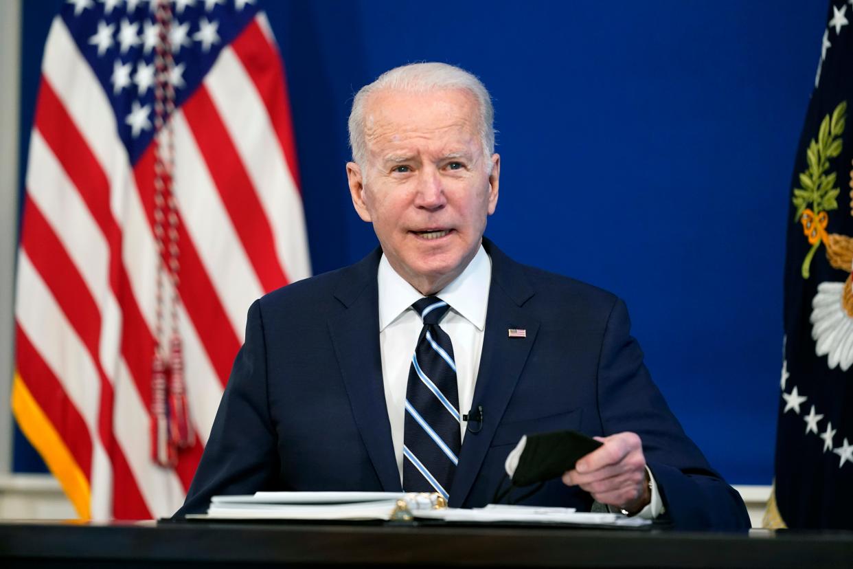 President Joe Biden speaks about the government's COVID-19 response, in the South Court Auditorium in the Eisenhower Executive Office Building on Thursday.