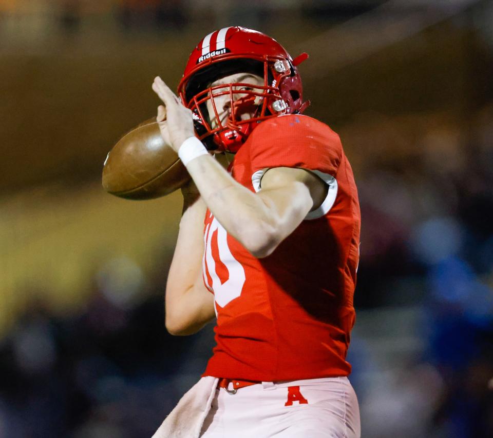 Albany’s Cole Chapman (10) throws a pass during the team’s high school football game against Stratford on Thursday, Dec. 9, 2021 at Lowrey Field in PlainsCapital Park in Lubbock, Texas.