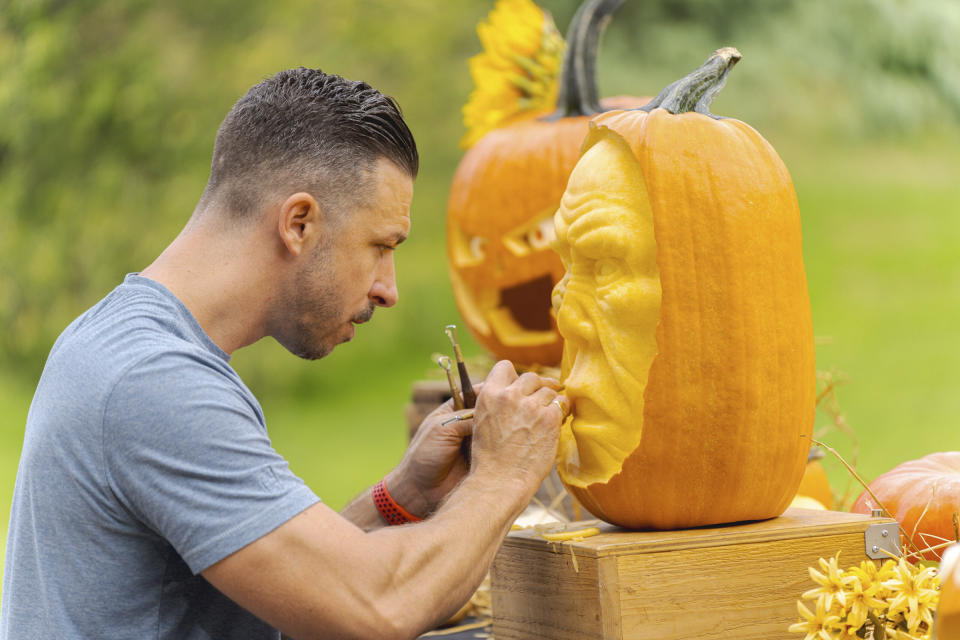 This image released by the New York Botanical Garden shows professional pumpkin carver Adam Bierton at the New York Botanical Garden in New York on Sept. 16, 2023. Botanical gardens and zoos across the country have become go-to destinations for Halloween. They aim to be fun, while also inspiring kids to learn about nature. (Ben Hider/New York Botanical Garden via AP)