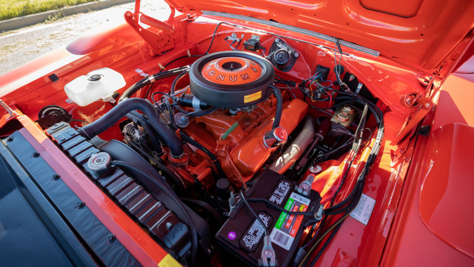 The 375 hp, 440 ci V-8 inside a 1969 Dodge Charger Daytona.