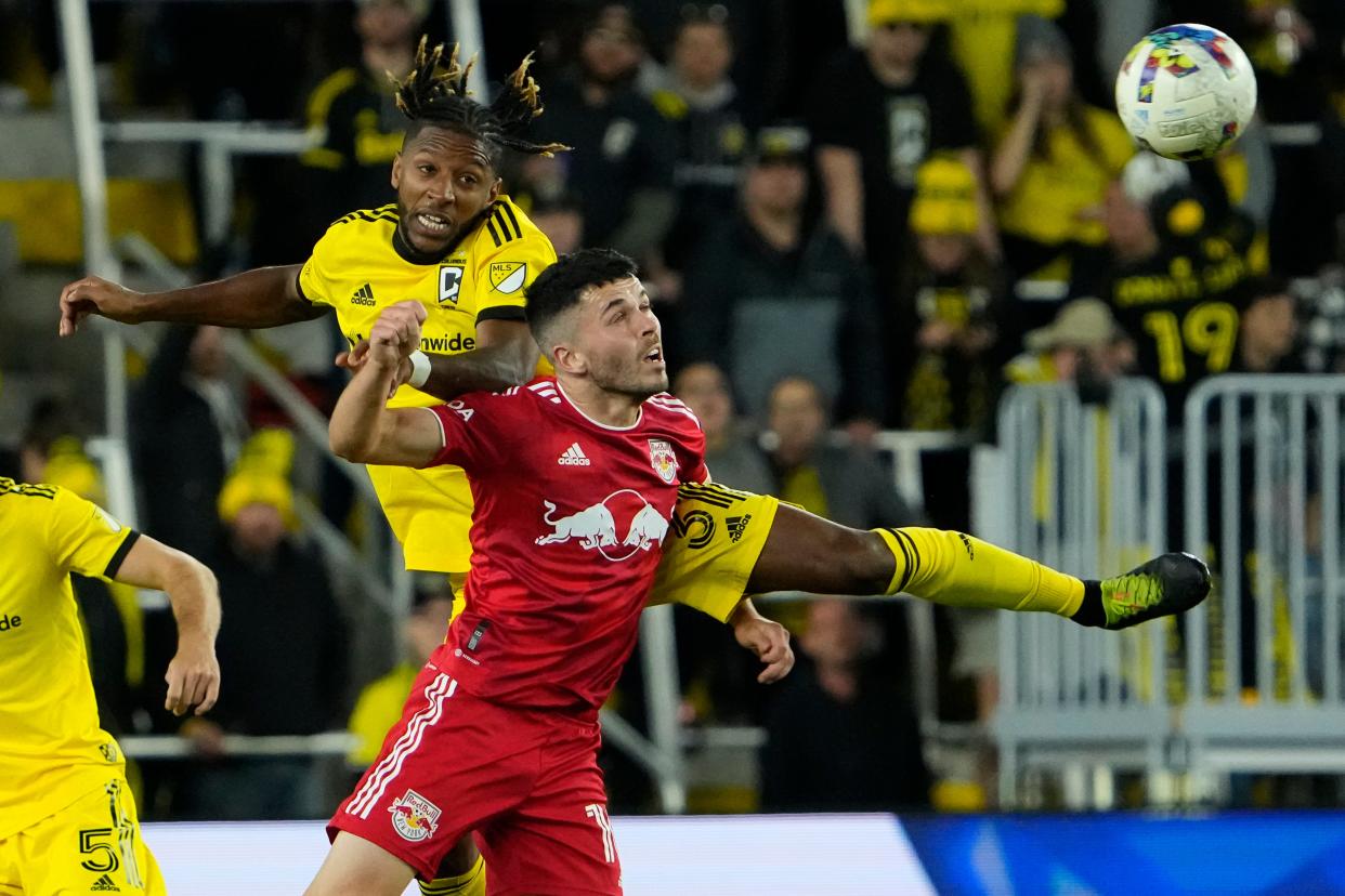 Defender Steven Moreira, here heading the ball over Red Bulls defender Dylan Nealis, is getting ready to face New York again on Saturday.