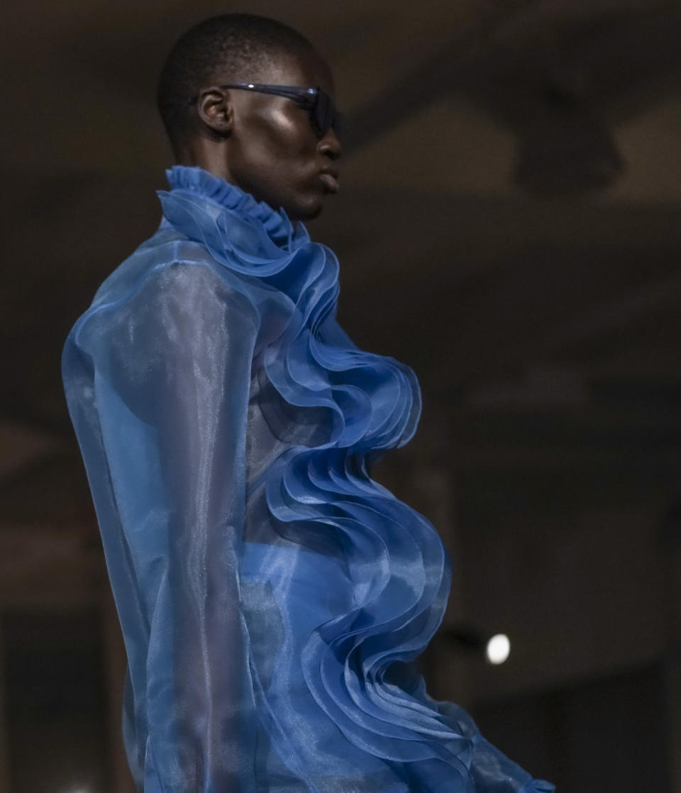 Fashion from Christian Siriano's fall/winter 2022 collection is modeled during Fashion Week, Saturday Feb. 12, 2022, in New York. (AP Photo/Bebeto Matthews)