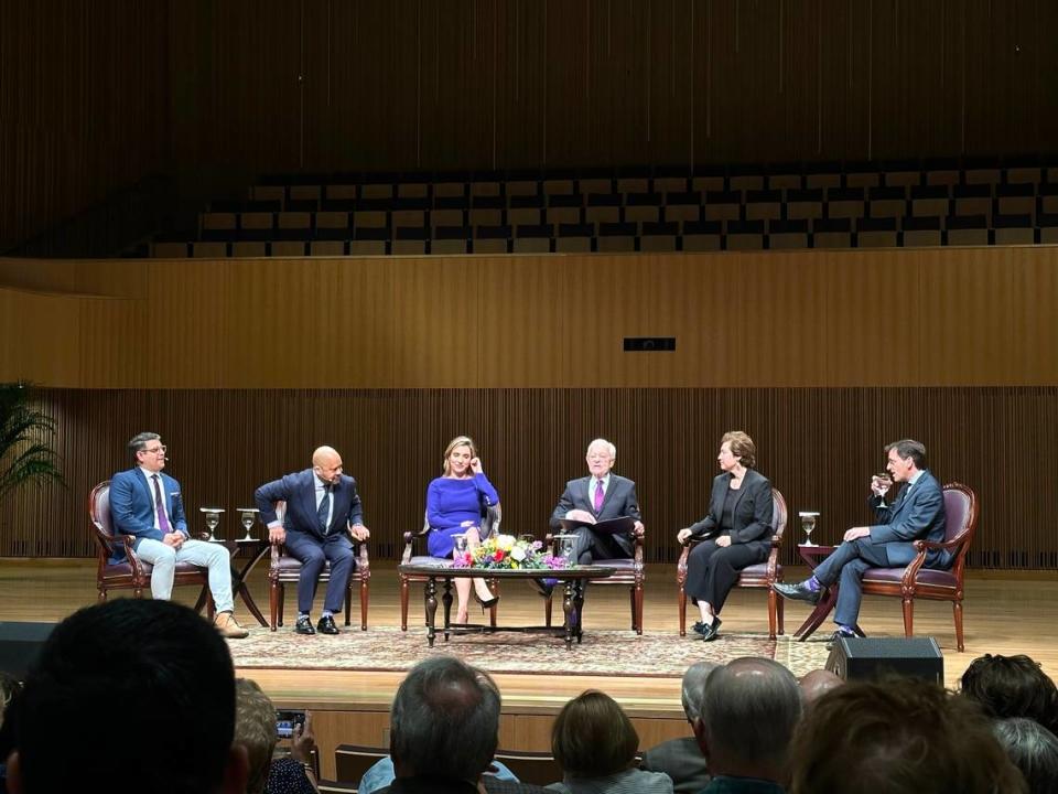 The panel for the Schieffer Symposium on Tuesday, Nov. 7, 2023, at TCU (from left): Omar Villafranca, CBS News’ Dallas-based correspondent; Jeff Pegues, CBS News chief national affairs and justice correspondent; Margaret Brennan, moderator of “Face the Nation” and chief foreign affairs correspondent for CBS News; Susan Glasser, columnist at The New Yorker; and Peter Baker, chief White House correspondent for The New York Times.