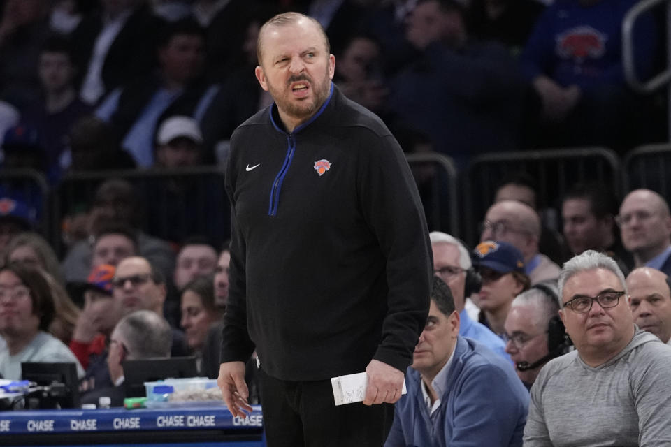 New York Knicks coach Tom Thibodeau reacts during the first half of the team's NBA basketball game against the Washington Wizards, Wednesday, Jan. 18, 2023, at Madison Square Garden in New York. (AP Photo/Mary Altaffer)