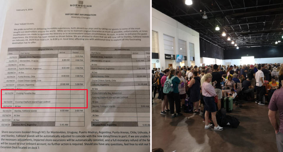 Left: Letter from Norwegian Cruise Lines to passengers Right: People lining up at cruise port waiting to board Norwegian Star cruise ship.