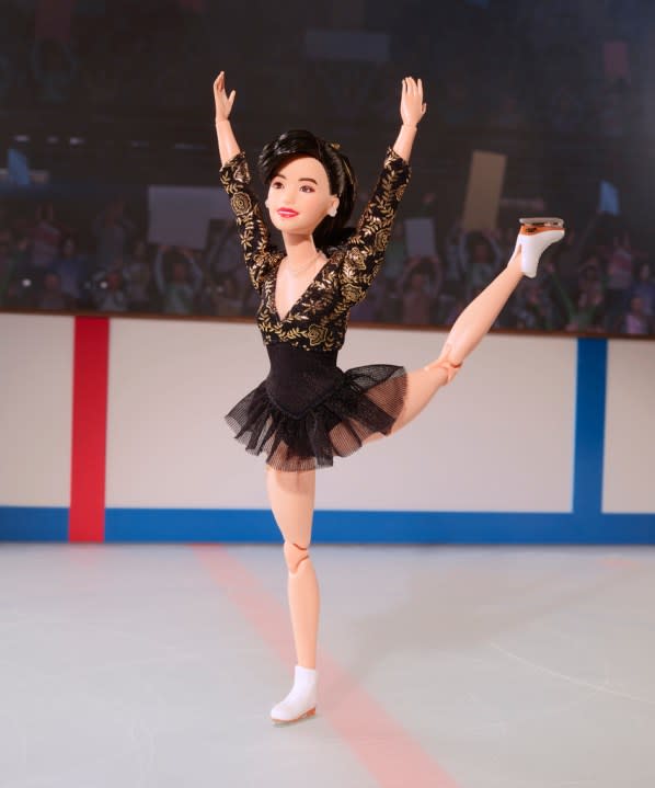 This image provided by Mattel in April 2024 shows the company’s Kristi Yamaguchi Barbie doll. Yamaguchi became the first Asian American to win an individual gold medal for figure skating at the 1992 Winter Olympics. (Mattel via AP)