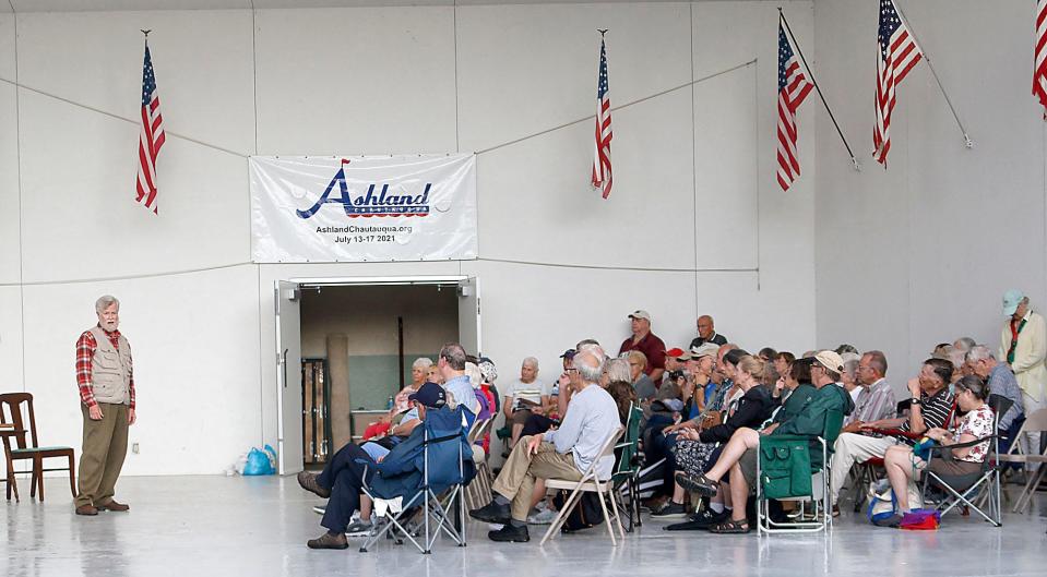 John Anderson portrays Ernest Hemingway during his performance on the opening night of Ashland Chautauqua "In Times of War" at Guy C. Myers Memorial Band Shell on Tuesday, July 13, 2021.  The 2022 Ashland Chautauqua will be July 12-16 at the Guy C. Myers Memorial Bandshell.