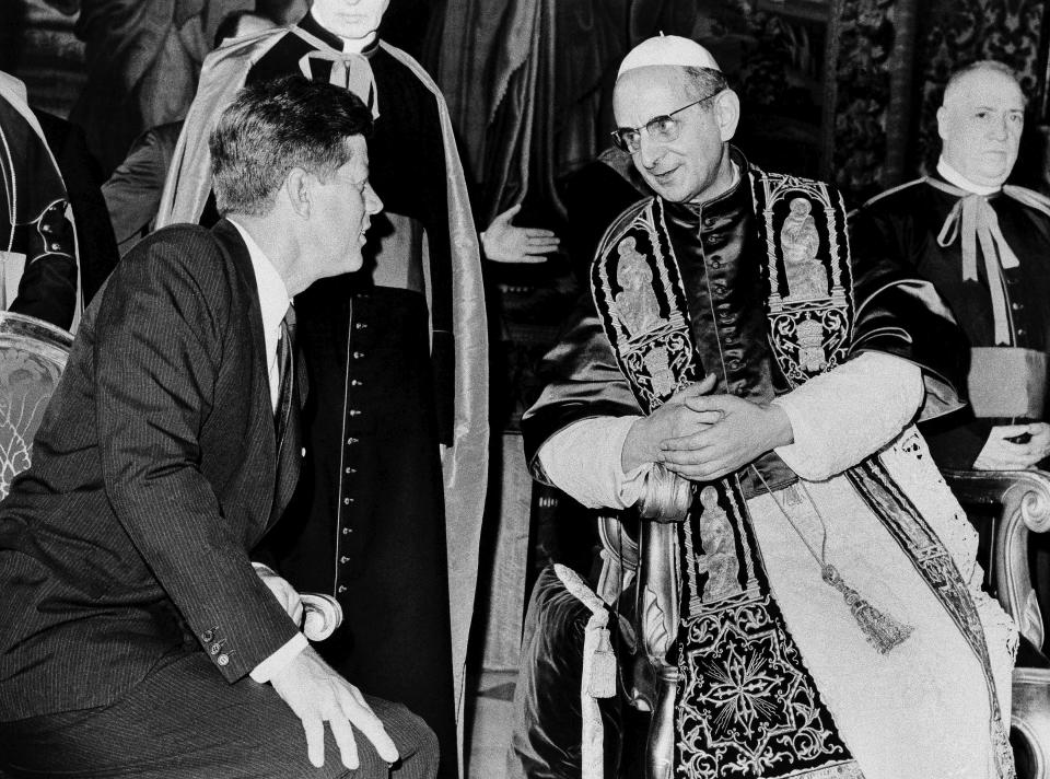 FILE - In this July 2, 1963, file photo President John F. Kennedy and Pope Paul VI talk at the Vatican. Kennedy's meeting with Pope Paul VI at the Vatican was historic: the first Roman Catholic president of the United States was seeing the Roman Catholic pontiff only days after his coronation. President Joe Biden is scheduled to meet with Pope Francis on Friday, Oct. 29, 2021. Biden is only the second Catholic president in U.S. history. (AP Photo, File)