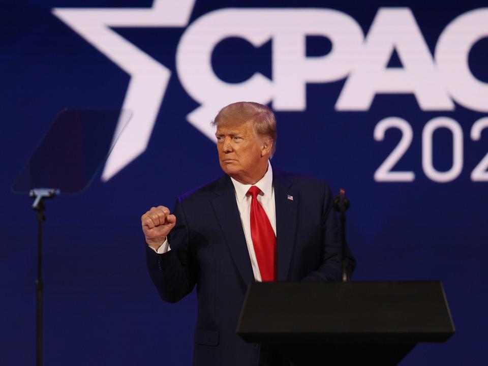 ORLANDO, FLORIDA - FEBRUARY 28: Former President Donald Trump addresses the Conservative Political Action Conference held in the Hyatt Regency on February 28, 2021 in Orlando, Florida. Begun in 1974, CPAC brings together conservative organizations, activists, and world leaders to discuss issues important to them. (Photo by Joe Raedle/Getty Images)