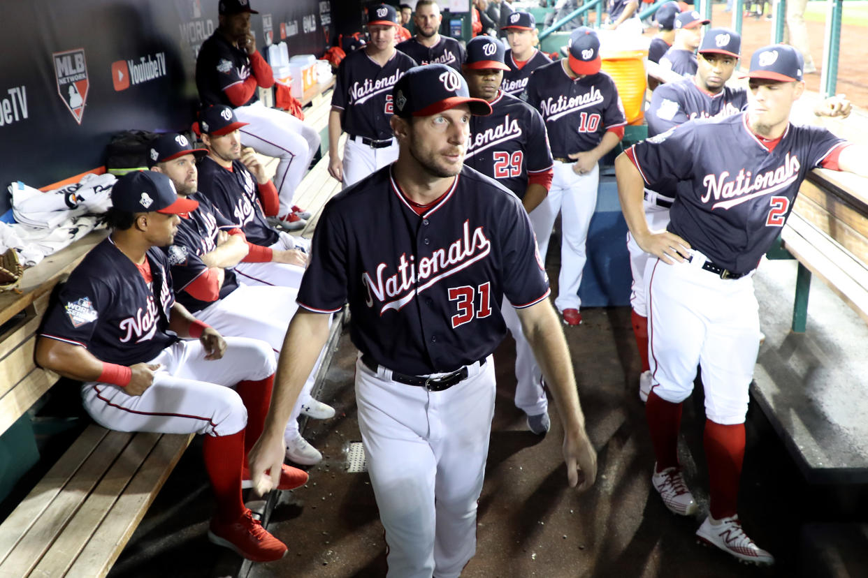 Max Scherzer out for World Series Game 5 due to neck spasms. (Photo by Rob Carr/Getty Images)