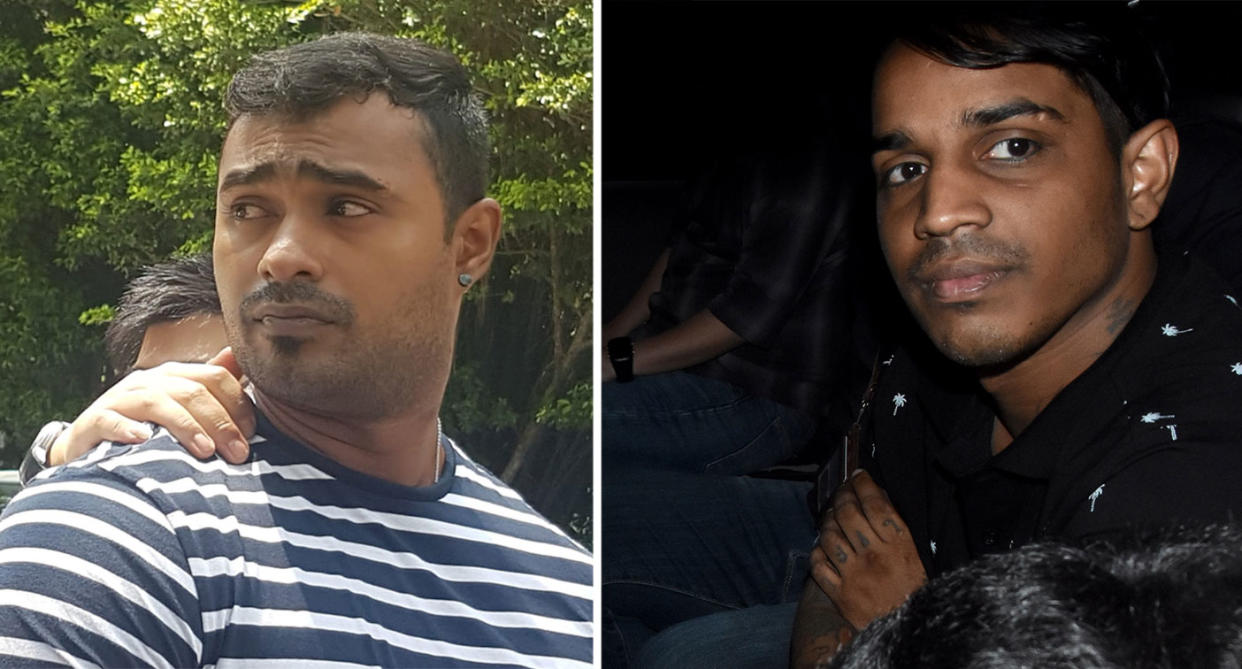 Arjun Retnavelu (left) and Dinesh Kmar Ruvy, two of the suspects in the Little India samurai sword slashing incident. (Photos: Yahoo News Singapore/Wan Ting Koh and Suhaile MD)