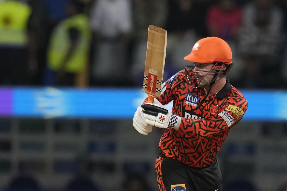 Sunrisers Hyderabad's Travis Head plays a shot during the Indian Premier League cricket match between Mumbai Indians and Sunrisers Hyderabad in Mumbai, India, Monday, May 6, 2024. (AP Photo/Rajanish Kakade)