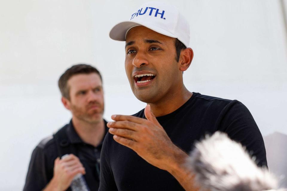 PHOTO: Republican presidential candidate Vivek Ramaswamy discusses FOIA request regarding former President Donald Trump's indictment outside of the Wilkie D. Ferguson Jr. United States Federal Courthouse, June 13, 2023, in Miami. (Anna Moneymaker/Getty Images, FILE)